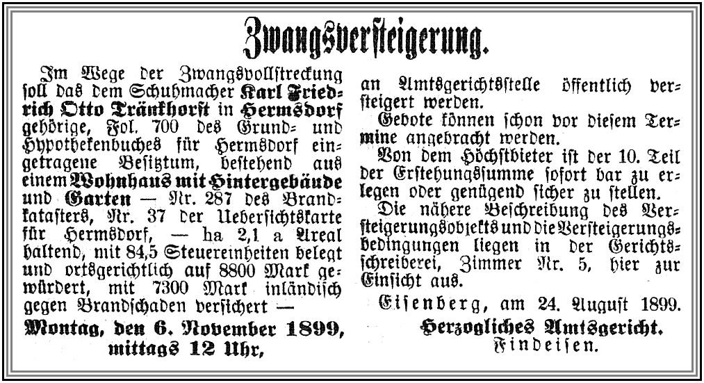 1899-11-06 Hdf Zwangsversteigerung Schuster Traenkhorst